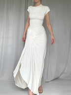Ruched Slit Cap Sleeve Maxi Dress - TNT Dress Co.