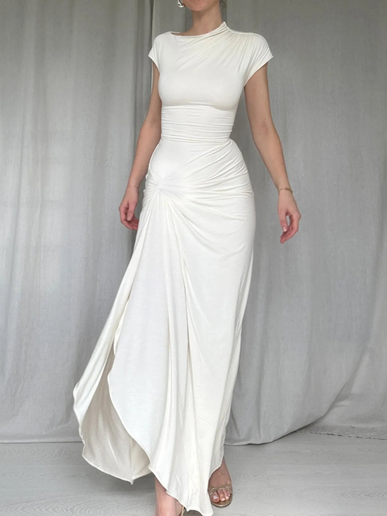 Ruched Slit Cap Sleeve Maxi Dress - TNT Dress Co.