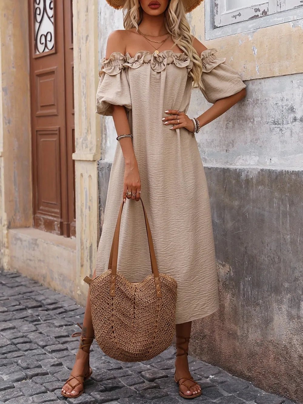 Ruffled Off - Shoulder Puff Sleeve Midi Dress - TNT Dress Co.