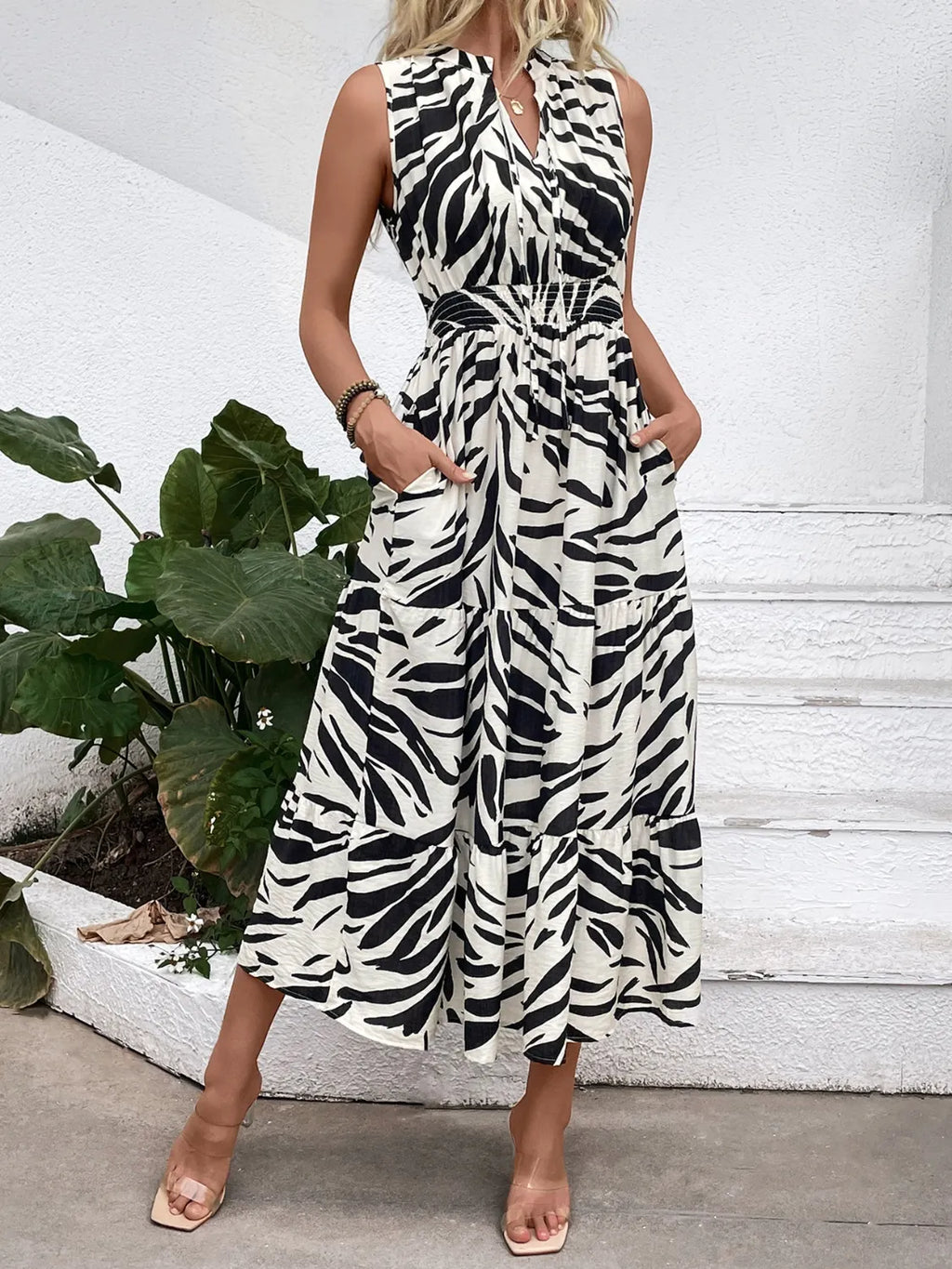 Printed Notched Sleeveless Midi Dress - TNT Dress Co.