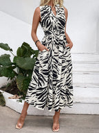 Printed Notched Sleeveless Midi Dress - TNT Dress Co.