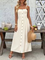 Smocked Button Front Tie Shoulder Dress - TNT Dress Co.