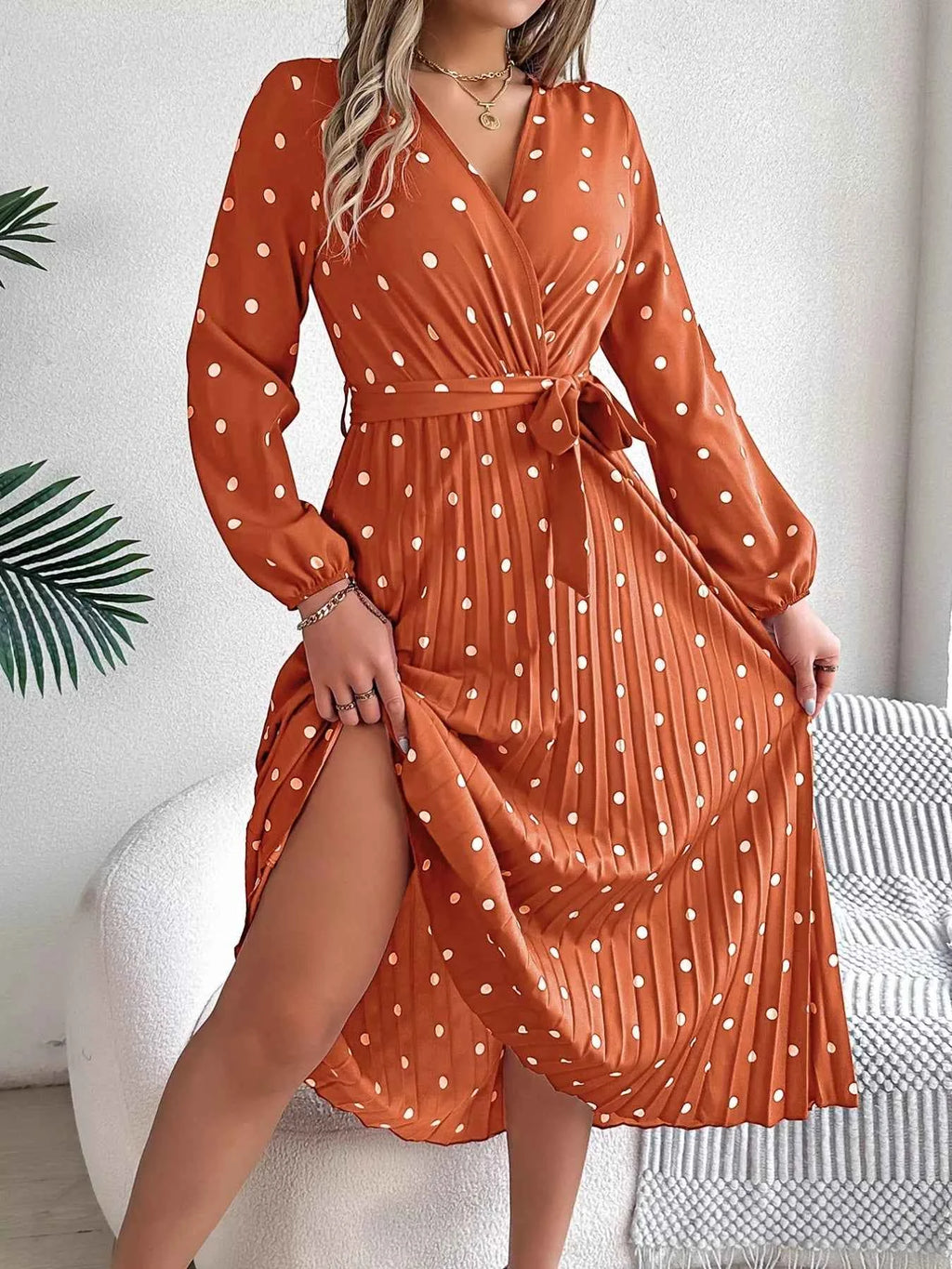 Long Sleeve Midi Pleated Dress