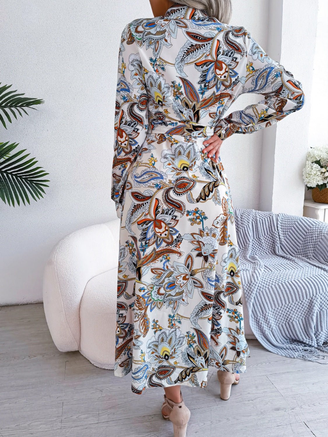 Printed Long Sleeve Midi Dress with Tied Detail - TNT Dress Co.