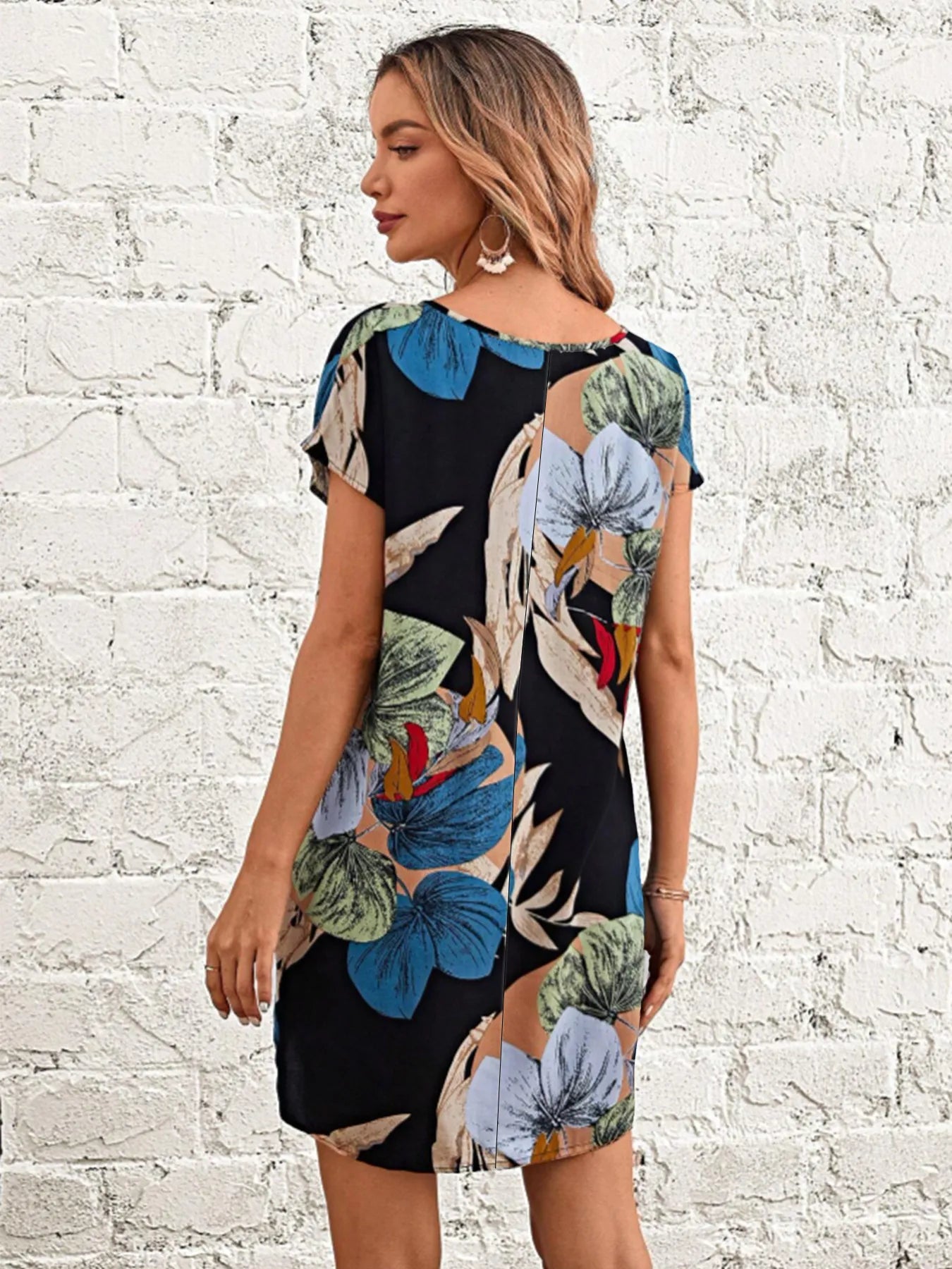 Printed V - Neck Short Sleeve Mini Dress - TNT Dress Co.