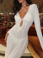 Pearl Detail Long Sleeve Knit Cover Up Dress - TNT Dress Co.