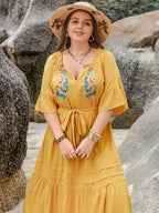 Plus Size Notched Tie Waist Midi Dress with Half Sleeves - TNT Dress Co.