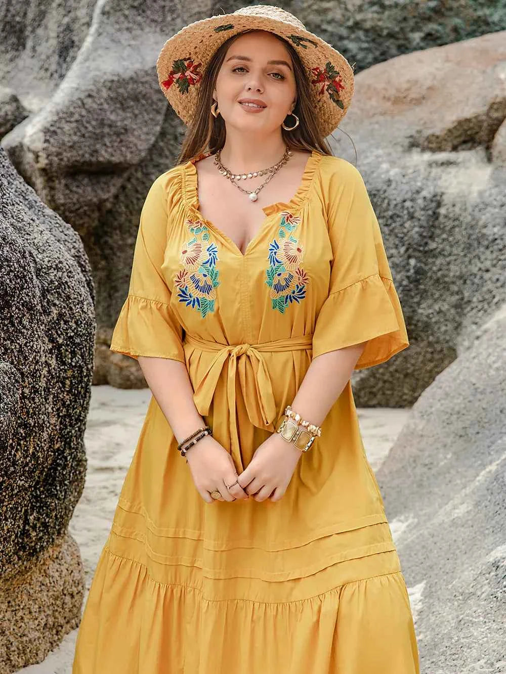 Tie Waist Half Sleeve Midi Dress