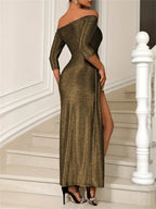 Off - Shoulder Long Sleeve Midi Dress with Slit - TNT Dress Co.