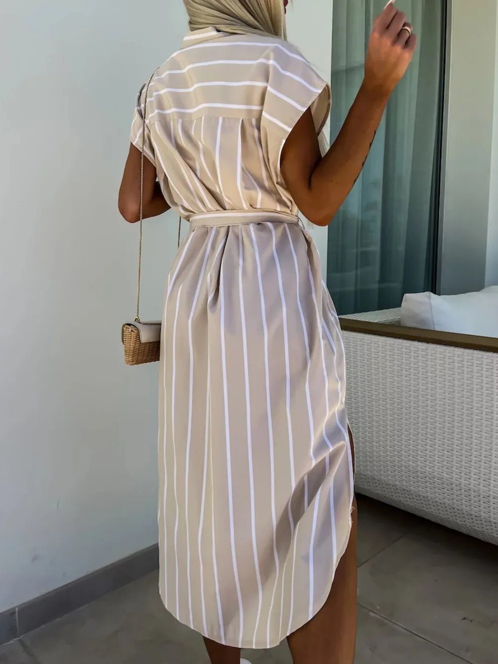 Striped Tie Waist Short Sleeve Dress - TNT Dress Co.