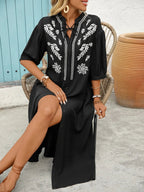 Embroidered Notched Half Sleeve Midi Dress - TNT Dress Co.