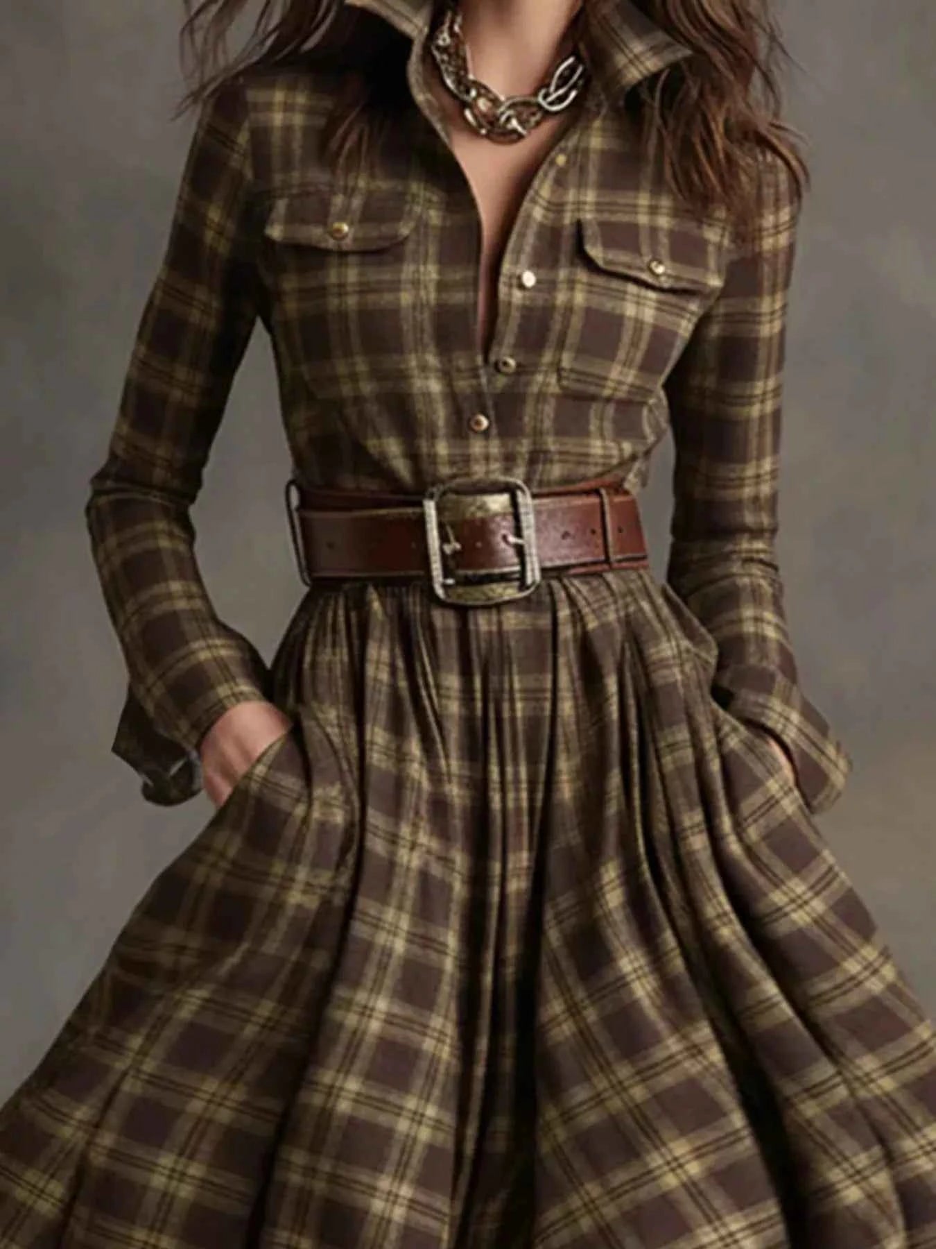 Plaid Button Front Maxi Shirt Dress