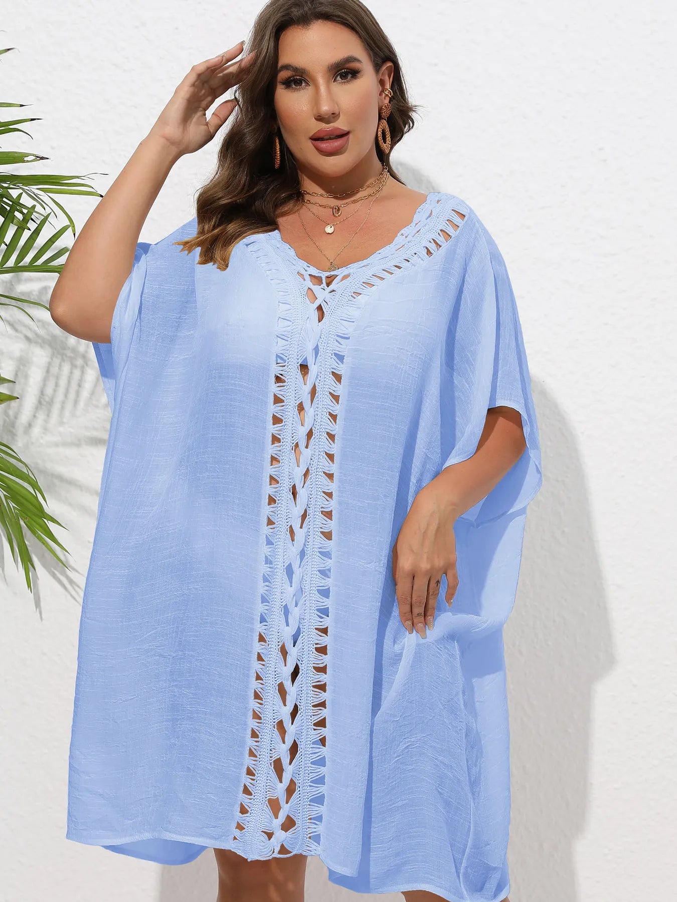 Crochet Trim V - Neck Beach Cover Up Dress - TNT Dress Co.