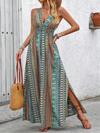 Tied Back Printed Sleeveless Maxi Slit Dress - TNT Dress Co.