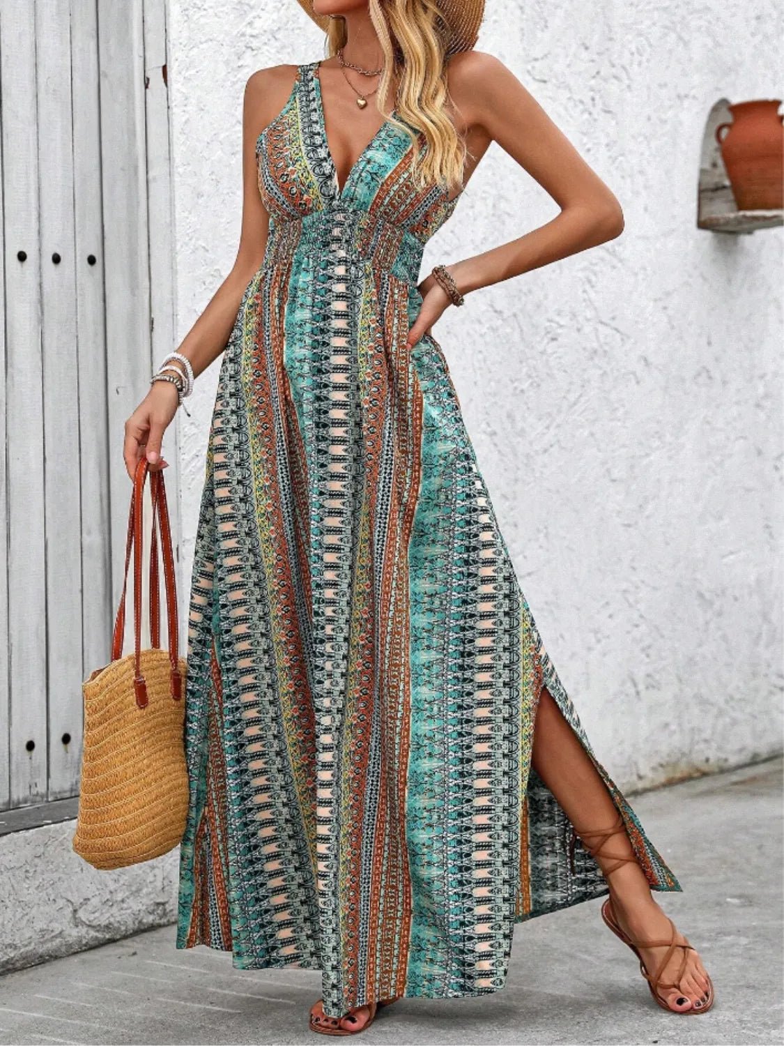 Tied Back Printed Sleeveless Maxi Slit Dress - TNT Dress Co.