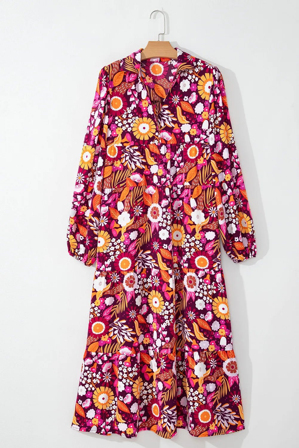 Printed Johnny Collar Long Sleeve Midi Dress - TNT Dress Co.