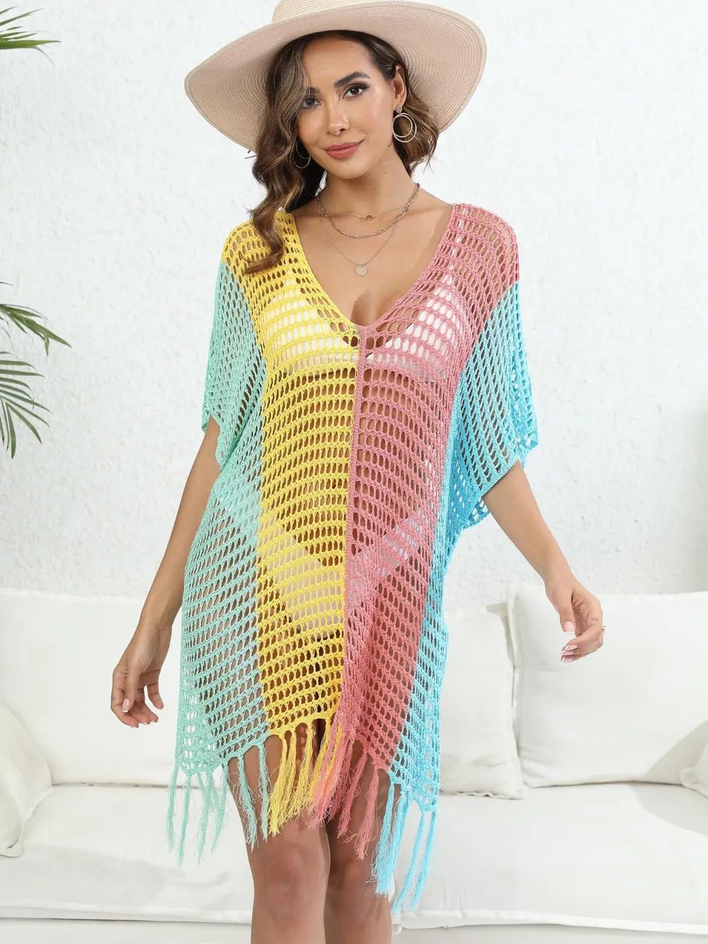 Fringe Color Block Scoop Neck Cover Up - TNT Dress Co.