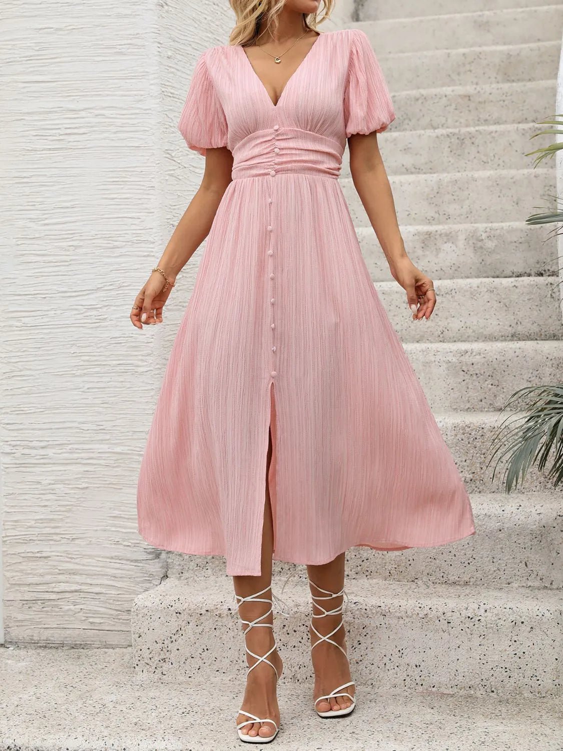 V - Neck Puff Sleeve Dress - TNT Dress Co.