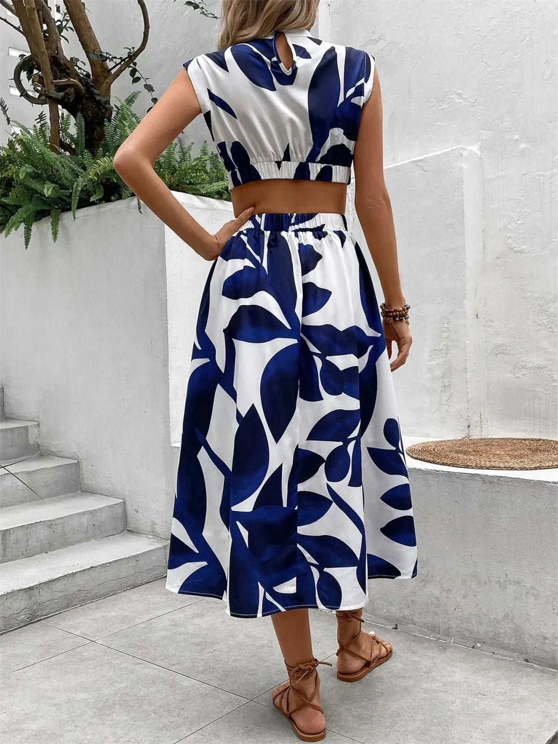 Cutout Printed Cap Sleeve Midi Dress - TNT Dress Co.