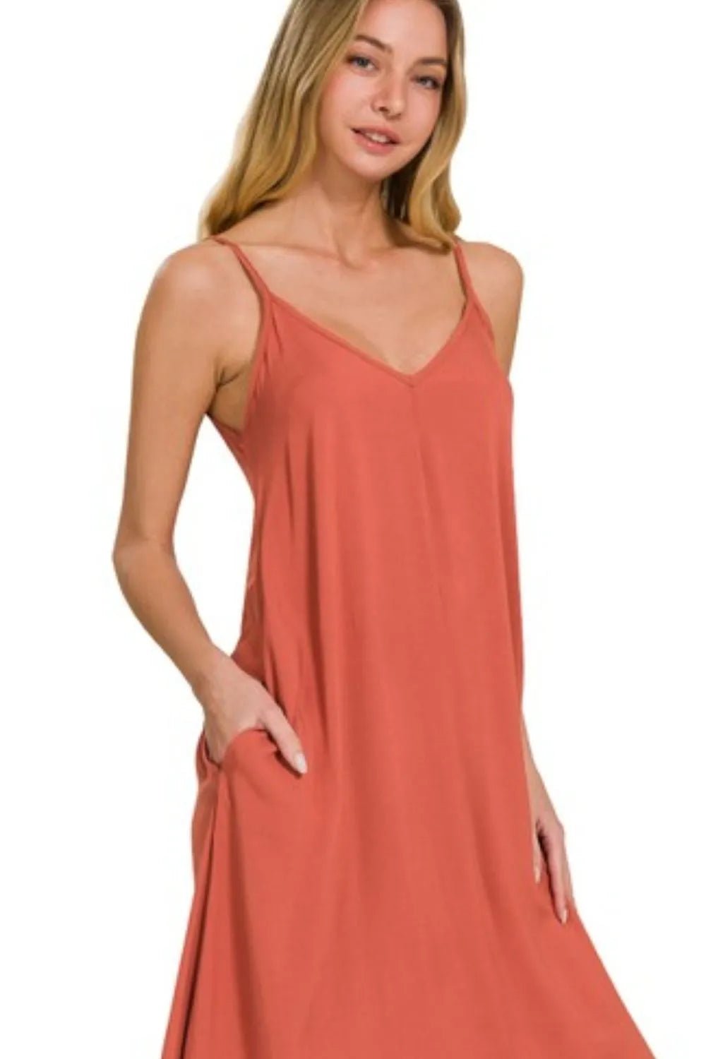 Zenana Woven Arc Hem Cami Midi Dress With Flowy Pockets - TNT Dress Co.