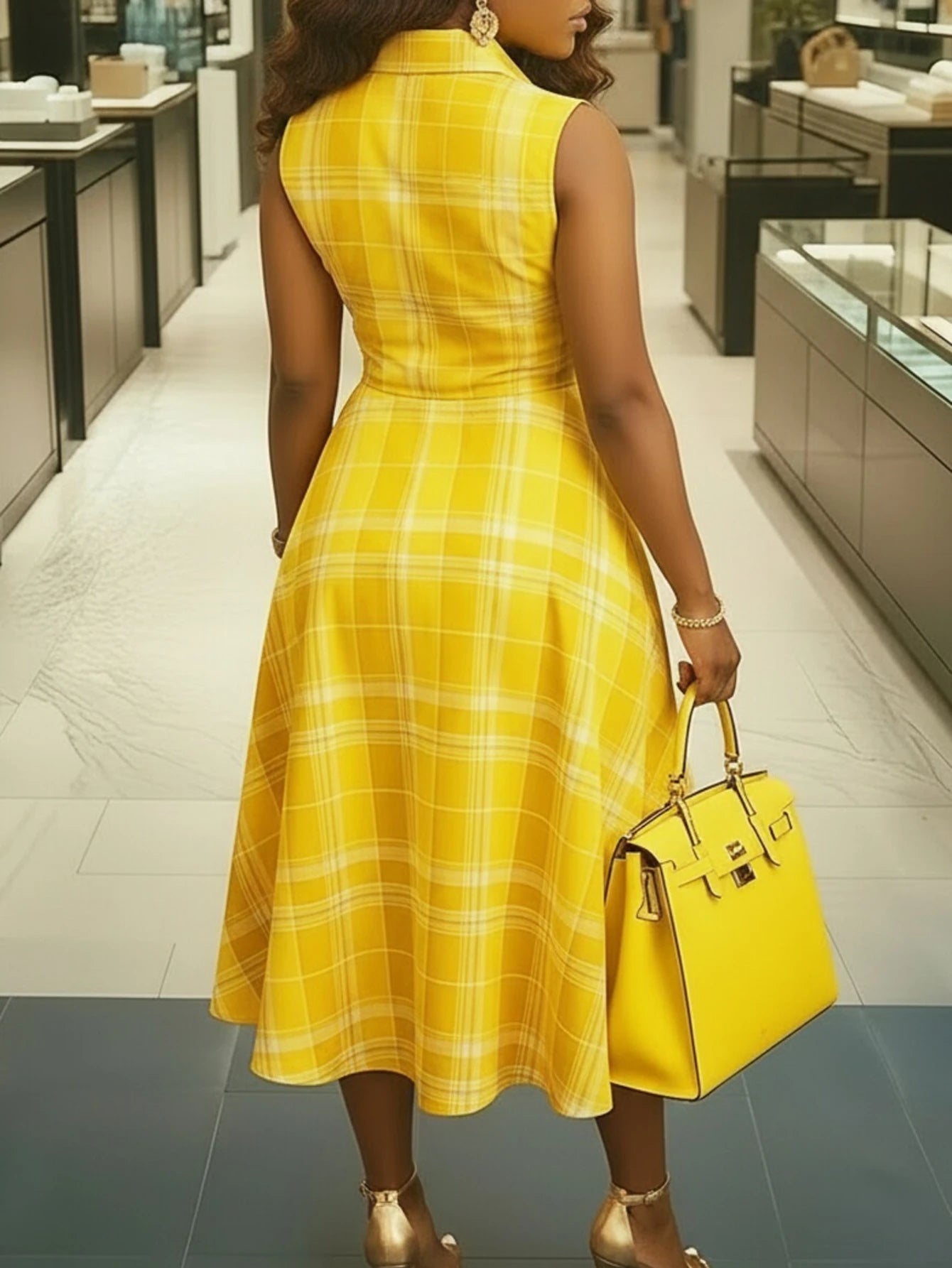 Sleeveless Plaid Print Midi Dress