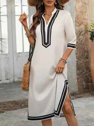 Black and White Striped Trim V-Neck Dress