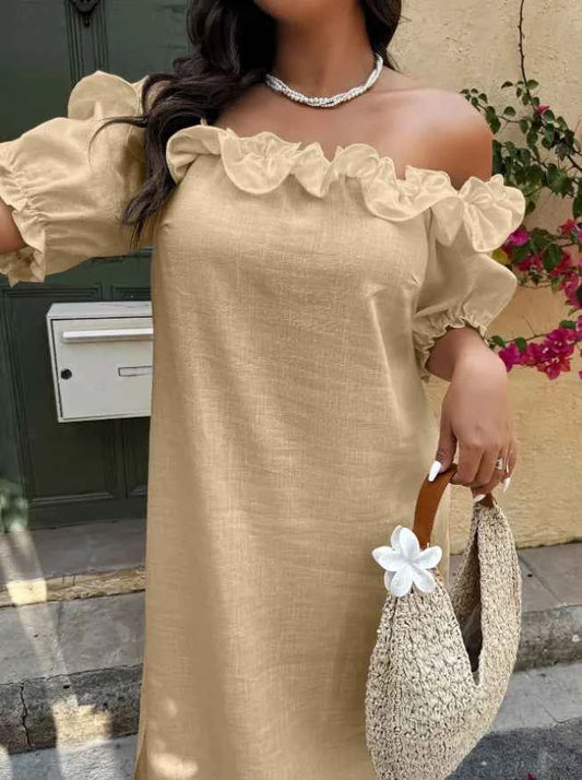 Off-Shoulder Puff Sleeve Loose Hem Slit Dress