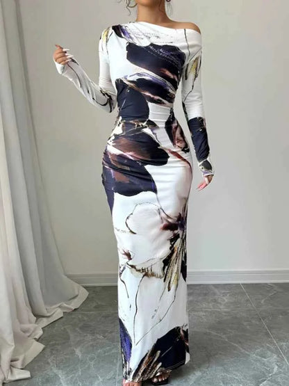 Printed Slanted Shoulder Long Sleeve Dress