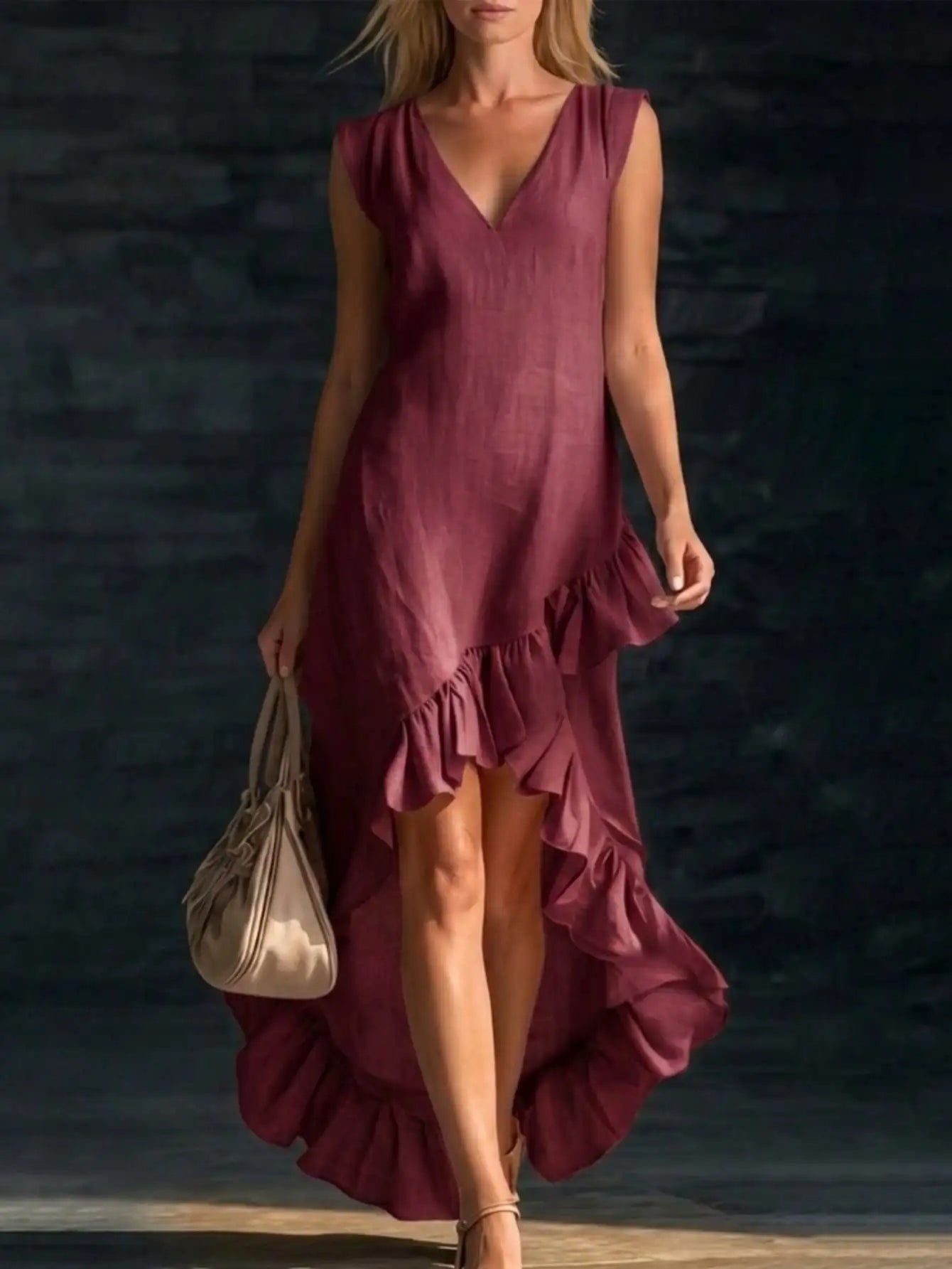 Sleeveless V Neck Ruffle Hem Elegant Casual Dress