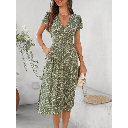 V-Neck Short Sleeve Mid-Length Dress