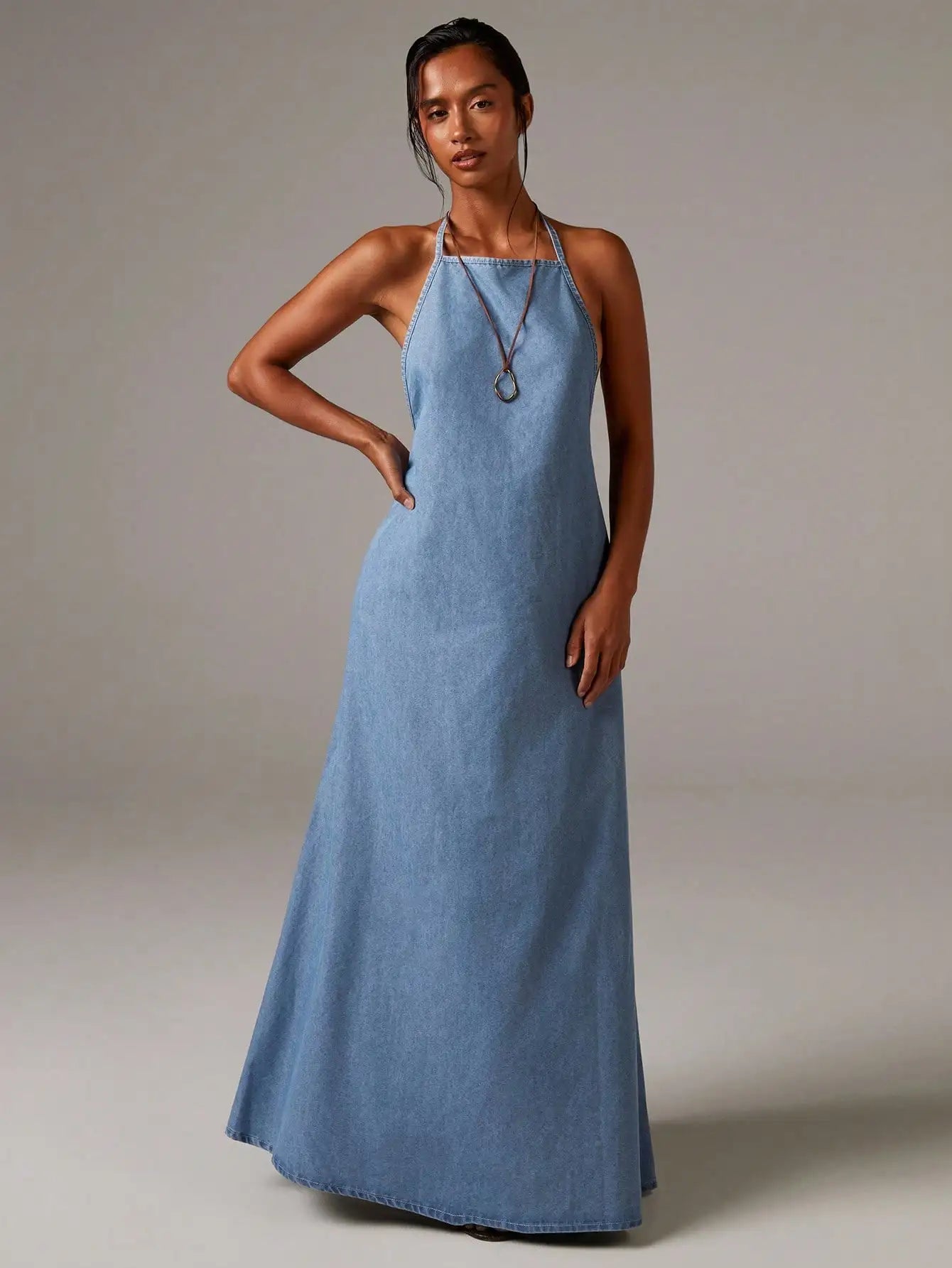 Denim Halterneck Maxi Dress