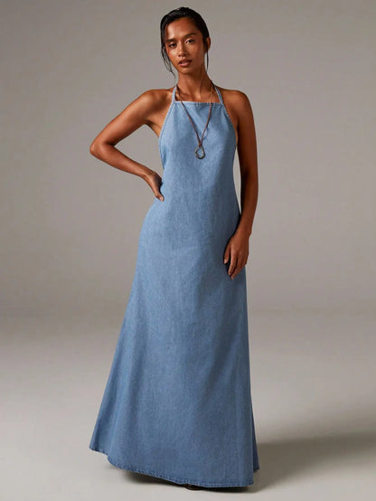Denim Halterneck Maxi Dress