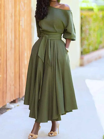 Slanted Shoulder Collar Tie Waist Dress