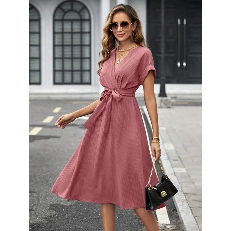 V Neck Short Sleeve Midi Dress