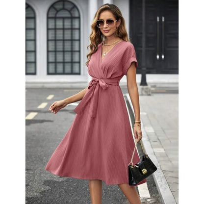 V Neck Short Sleeve Midi Dress