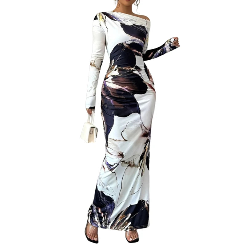 Printed Slanted Shoulder Long Sleeve Dress