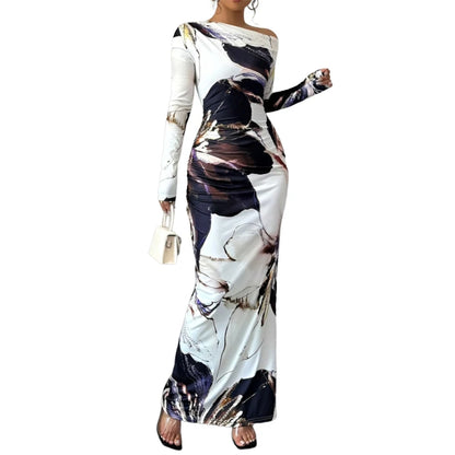 Printed Slanted Shoulder Long Sleeve Dress