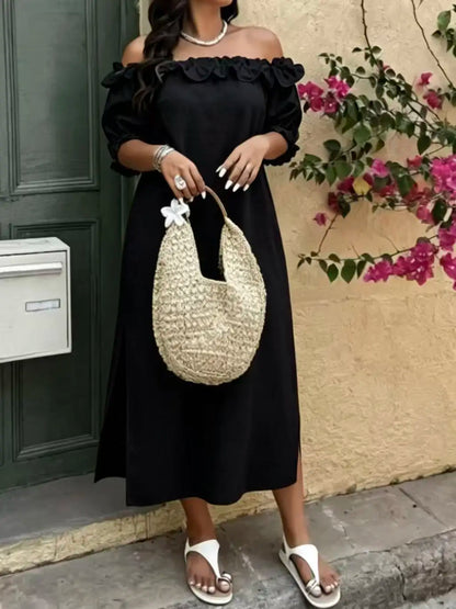 Off-Shoulder Puff Sleeve Loose Hem Slit Dress