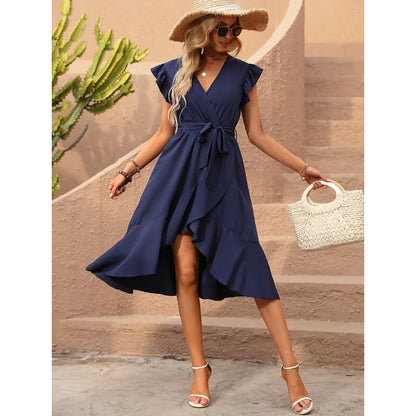 Solid Ruffle Trim Belted Wrap Dress