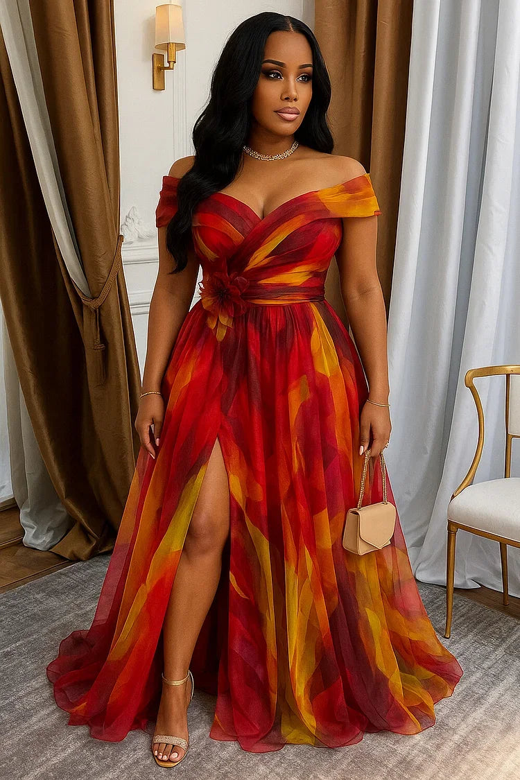Off Shoulder Printed Maxi Gown With Front Slit