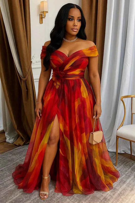Off Shoulder Printed Maxi Gown With Front Slit