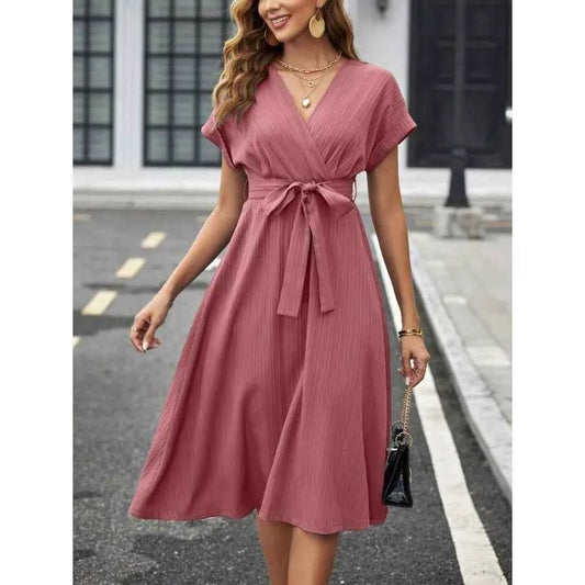 V Neck Short Sleeve Midi Dress