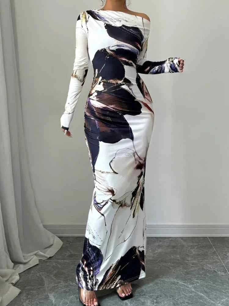 Printed Slanted Shoulder Long Sleeve Dress