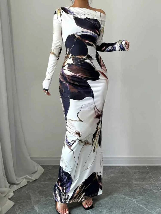 Printed Slanted Shoulder Long Sleeve Dress
