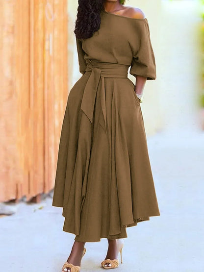 Slanted Shoulder Collar Tie Waist Dress