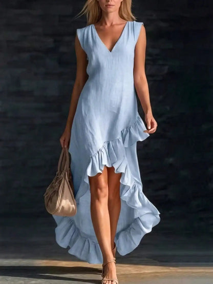 Sleeveless V Neck Ruffle Hem Elegant Casual Dress