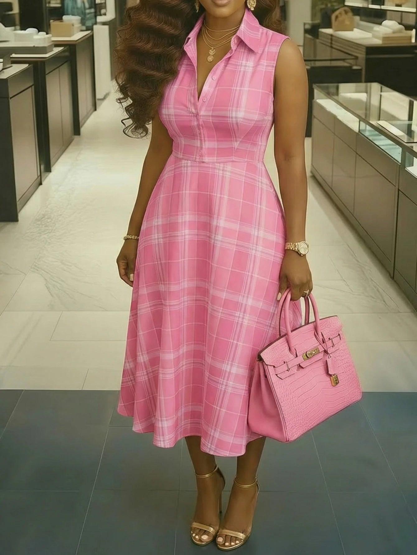 Sleeveless Plaid Print Midi Dress