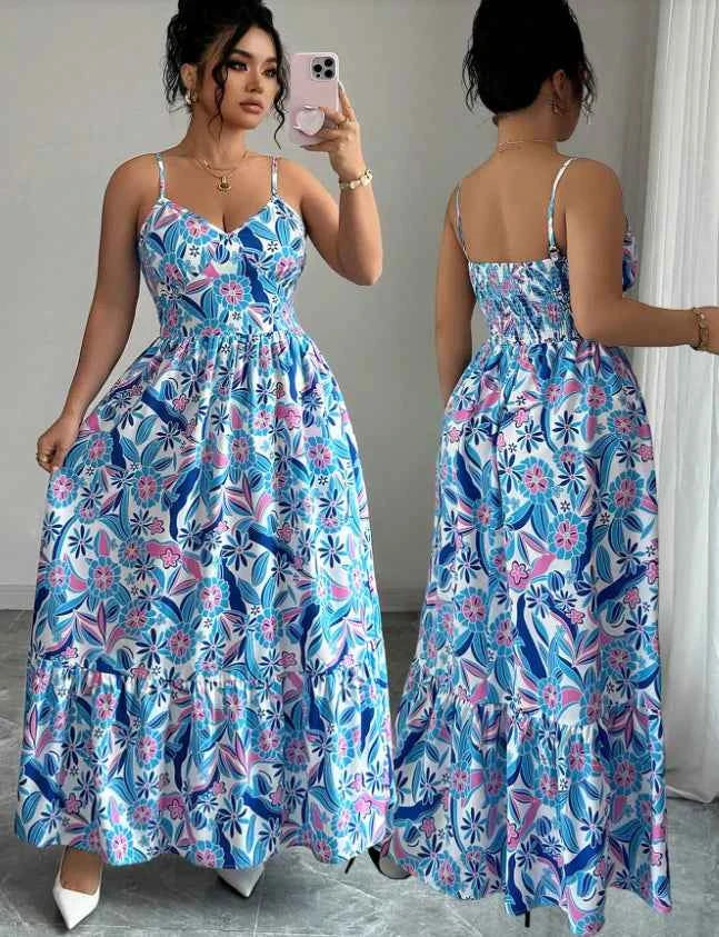 Blue and White Floral Camisole Long Dress
