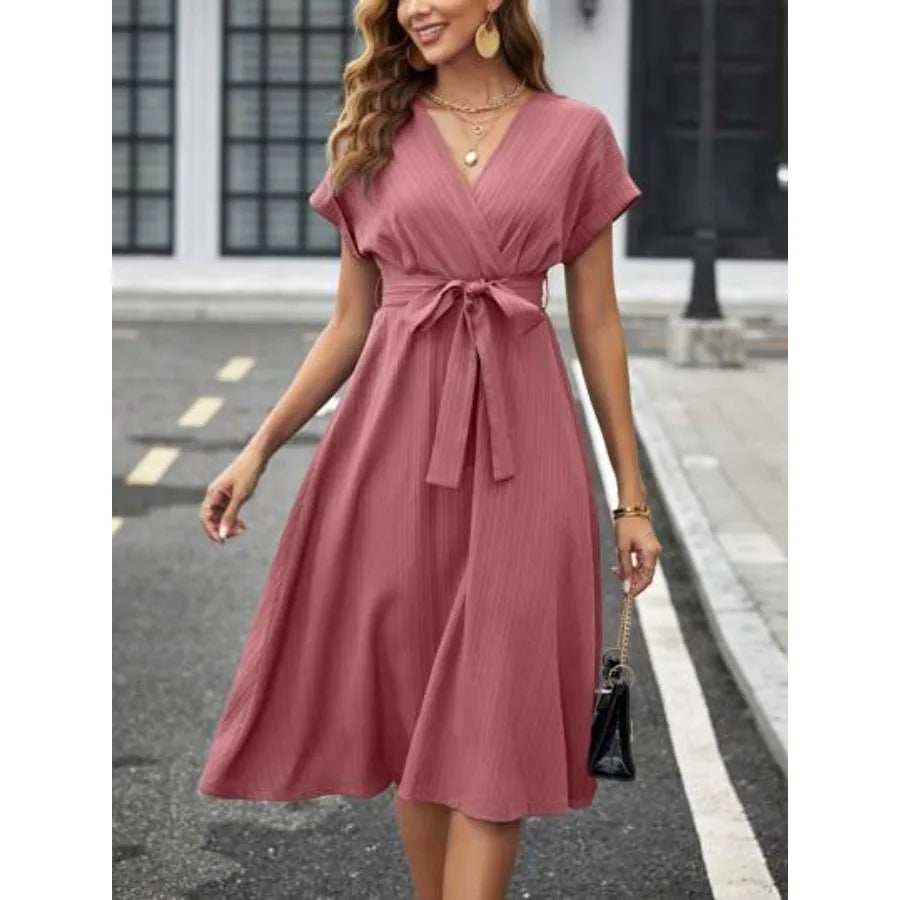 V Neck Short Sleeve Midi Dress