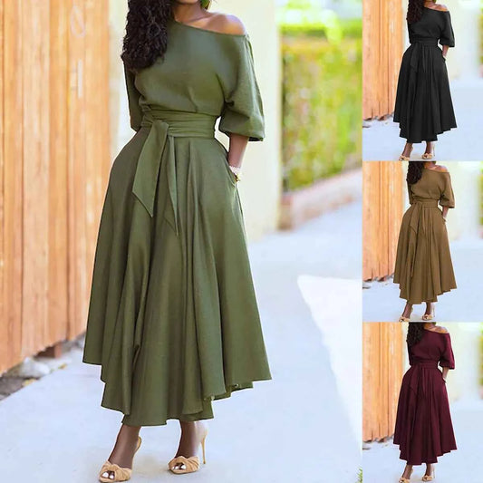 Slanted Shoulder Collar Tie Waist Dress